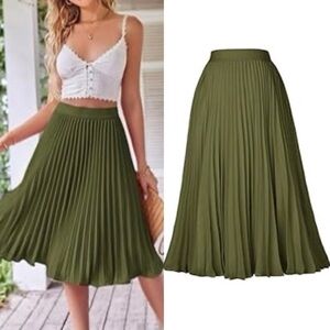 NEW KATE KASIN ARMY OLIVE GREEN PLEATED A-LINE FLARE SWING RETRO MIDI BELOW KNEE